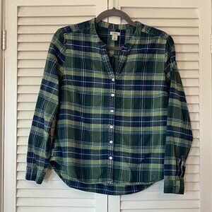 LL Bean flannel shirt women buttondown v-neck green small petite